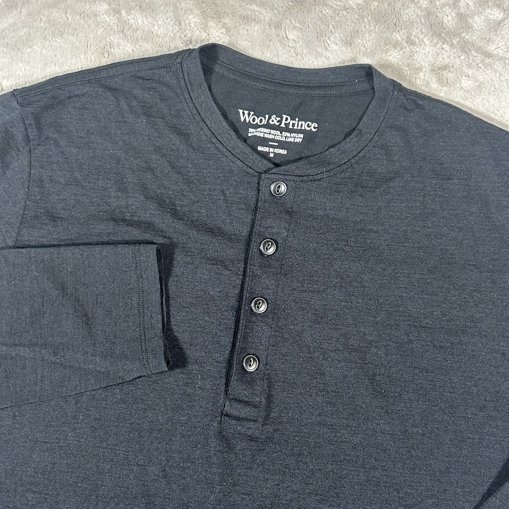 Wool & Prince Mens M Black Long Sleeve Henley Merino Wool Lightweight Shirt
